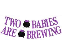 Striscione con scritta "Two Babies Are Brewing", decorazioni da appendere per feste di Halloween, strega di Halloween, 1° compleanno, genere, rivelare decorazioni per feste, viola glitter