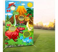 Striscione da appendere per gioco a tiro a tema dinosauri, set da gioco cornhole con dinosauri realistici, 4 sacchetti di fagioli, 4 buche per interno ed esterno, decorazione per feste di compleanno, 