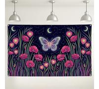 Striscione da giardino celeste con farfalle e papaveri, 180 x 109 cm | Motivo a farfalla luminosa, sfondo fotografico, fiori di papavero in fiore, luna celeste e stelle