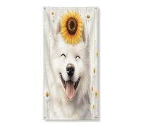 Striscione decorativo in legno rustico per porta di cane samoiedo, girasole margherita copertura per porta d'ingresso, decorazione per interni ed esterni, sfondo per animali domestici, 91 x 182 cm