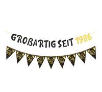 Striscione decorativo per 40° compleanno per ragazzi, 2 pezzi, nero e oro con scritta "GROßARTIG SEIT 1986", divertente, con numeri 40, per ragazzi e ragazze, decorazione per feste di compleanno