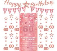 Striscione decorativo per 60° compleanno da donna, 9 pezzi, oro rosa, con scritta "Happy 60th Birthday", bandierine triangolari, numero 60, cerchio, puntini, stelle scintillanti, ghirlanda di stelle