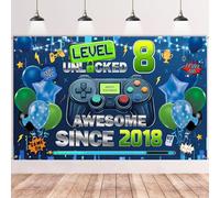Striscione decorativo per 8° compleanno, grande sfondo blu da gioco, decorazione per ragazzi (110 x 180 cm), livello 8 sbloccato fantastico dal 2018, sfondo di compleanno per 8 anni