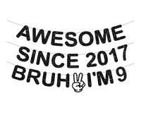Striscione decorativo per 9° compleanno per ragazzi, 3 pezzi, pre-infilato, glitterato, nero, fantastico dal 2017 Bruh I'M 9, striscione con lettere per bambini, ragazzi e ragazze, 9 anni