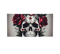 Striscione decorativo per feste con teschio con rose rosse, per Halloween, Natale, giardini e bar