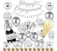 Striscione decorativo per feste di fidanzamento in argento, 37 pezzi, glitterato, con scritta "Happy Engagement She Said Y", topper per cupcake, anello con diamante, palloncini in lamina per bottiglie