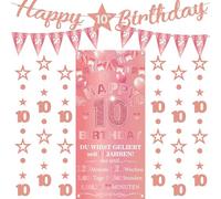 Striscione decorativo per il 10° compleanno per bambine, 9 pezzi, oro rosa, con scritta "Happy 10th Birthday", bandierine triangolari, numero 10, cerchio, puntini, stelle scintillanti, ghirlanda per