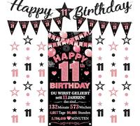 Striscione decorativo per il 11° compleanno per bambine, 9 pezzi, nero e oro rosa, con scritta "Happy 11th Birthday", bandierine triangolari, numero 11, cerchio, puntini, stelle scintillanti