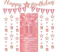 Striscione decorativo per il 11° compleanno per bambine, 9 pezzi, oro rosa, con scritta "Happy 11th Birthday", bandierine triangolari, numero 11, cerchio, punti, stelle scintillanti, ghirlanda per
