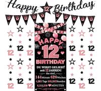 Striscione decorativo per il 12° compleanno per bambine, 9 pezzi, nero e oro rosa, con scritta "Happy 12th Birthday", bandierine triangolari, numero 12, cerchio, punti, stelle scintillanti, ghirlanda