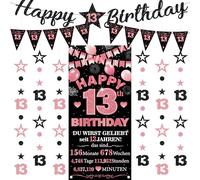 Striscione decorativo per il 13° compleanno per bambine, 9 pezzi, nero e oro rosa, con scritta "Happy 13th Birthday", bandierine triangolari, numero 13, cerchio, puntini, stelle scintillanti