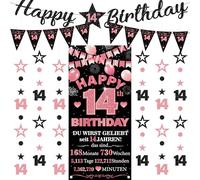 Striscione decorativo per il 14° compleanno per bambine, 9 pezzi, nero e oro rosa, con scritta "Happy 14th Birthday", bandierine triangolari, numero 14, cerchio, puntini, stelle scintillanti