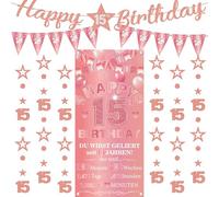 Striscione decorativo per il 15° compleanno per bambine, 9 pezzi, oro rosa, con scritta "Happy 15th Birthday", bandierine triangolari, numero 15, cerchio, puntini, stelle scintillanti, ghirlanda per