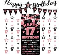 Striscione decorativo per il 17° compleanno per bambine, 9 pezzi, nero e oro rosa, con scritta "Happy 17th Birthday", bandierine triangolari, numero 17, cerchio, puntini, stelle scintillanti