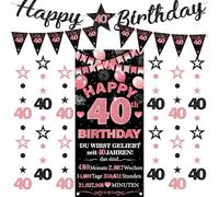 Striscione decorativo per il 40° compleanno da donna, 9 pezzi, nero e oro rosa, con scritta "Happy 40th Birthday", bandierine triangolari, numero 40, cerchio, puntini, stelle scintillanti, ghirlanda