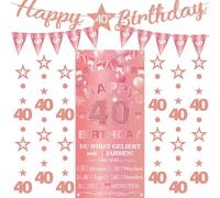 Striscione decorativo per il 40° compleanno da donna, 9 pezzi, oro rosa, con scritta "Happy 40th Birthday", bandierine triangolari, numero 40, cerchio, puntini, stelle scintillanti, ghirlanda per