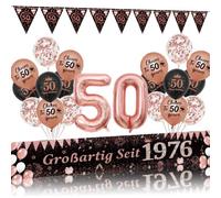 Striscione decorativo per il 50° compleanno da donna, 22 pezzi, nero e oro rosa, ottimo sfondo dal 1976, striscione triangolare, con numero 50, palloncini in lamina per donne, accessori per feste