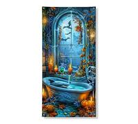 Striscione decorativo per porta a tema Halloween, scena della finestra della casa infestata spettrale, forniture per feste autunnali 91 x 182 cm