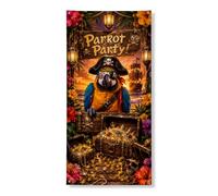 Striscione decorativo per porta a tema pirata, design colorato con pappagallo e tesoro, decorazione per feste estive all'aperto, forniture per festival tropicali, 91 x 183 cm