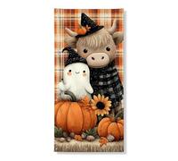 Striscione decorativo per porta con fantasma di mucca, grazioso design a quadri con zucca, girasole, per festival autunnali, decorazione per interni ed esterni, 91 x 182 cm