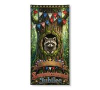 Striscione decorativo per porta con foresta di procioni, design con albero festivo, per esterni e interni, decorazione per giubileo stagionale, 91 x 182 cm