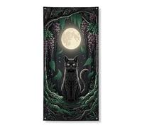 Striscione decorativo per porta con gatto mistico, design della foresta notturna incantata, decorazione per la casa autunnale di Halloween, 91 x 182 cm