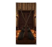 Striscione decorativo per porta con manico di scopa di Halloween, stile strega spettrale, decorazione per interni ed esterni, sfondo per vacanze autunnali, 91 x 183 cm