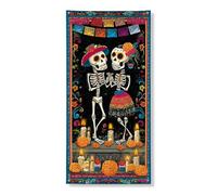 Striscione decorativo per porta con scheletri colorati, motivo natalizio con teschio di zucchero, per Halloween e celebrazione del giorno dei morti, 91 x 183 cm