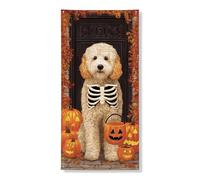 Striscione decorativo per porta con scheletro di cane di Halloween, simpatico cucciolo con zucche, decorazione autunnale per interni ed esterni, forniture per feste autunnali, 91 x 182 cm
