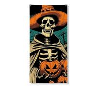 Striscione decorativo per porta con scheletro di Halloween, design vintage con zucca spaventapasseri per la decorazione della porta d'ingresso, per interni ed esterni, forniture per vacanze spettrali
