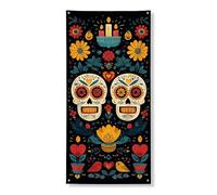 Striscione decorativo per porta con teschio colorato, motivo floreale con teschio di zucchero, per Halloween e celebrazione del giorno dei morti, 91 x 183 cm