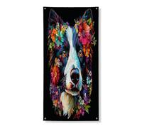 Striscione decorativo per porta del cane Border Collie primaverile, arte floreale nera per porta d'ingresso, decorazione per interni ed esterni, sfondo per animali domestici, 91 x 182 cm