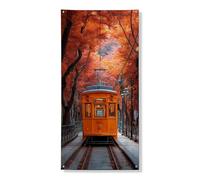 Striscione decorativo per porta del tram autunnale, scena vintage arancione con treno, decorazione per porta d'ingresso, per interni ed esterni, da appendere, per festival, vacanze, 91 x 182 cm