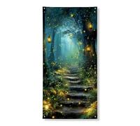 Striscione decorativo per porta della foresta incantata, scena mistica notturna con lanterne e lucciole, decorazione per interni ed esterni, per le vacanze, 91 x 182 cm