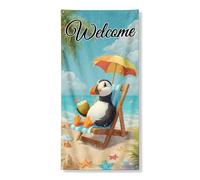 Striscione decorativo per porta di benvenuto con uccello, scena tropicale sulla spiaggia, divertente stile cartone animato, decorazione per porta d'ingresso, vacanze estive all'aperto, cartello da