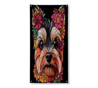 Striscione decorativo per porta di cane Yorkies primaverile, arte floreale nera per porta d'ingresso, decorazione per interni ed esterni, sfondo per animali domestici, 91 x 182 cm