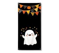 Striscione decorativo per porta fantasma di Halloween, simpatico spirito dei cartoni animati con bandierine, decorazione per interni ed esterni, 91 x 182 cm
