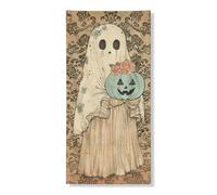 Striscione decorativo per porta fantasma di Halloween, stile vintage spettrale con zucca ed elementi floreali, decorazione per interni ed esterni, 91 x 182 cm