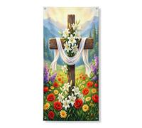 Striscione decorativo per porta floreale primaverile, design rustico a croce con fiori, decorazione religiosa per interni ed esterni, per celebrazioni pasquali, 91 x 182 cm