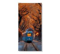Striscione decorativo per porta panoramico autunnale, tram blu vintage sotto gli alberi di arancio, decorazione per interni ed esterni, per festival autunnali, 91 x 182 cm