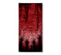 Striscione decorativo per porta raccapricciante horror, design a muro di mattoni rossi grunge, forniture per feste per interni ed esterni, 91 x 183 cm
