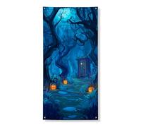 Striscione decorativo per porta spettrale di Halloween, design con foresta incantata oscura, decorazione per interni ed esterni, per festival autunnali, 91 x 182 cm