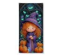 Striscione decorativo per porta strega di Halloween, graziosa strega viola con zucche, decorazione per porta d'ingresso, per interni ed esterni, forniture per Halloween 91 x 183 cm