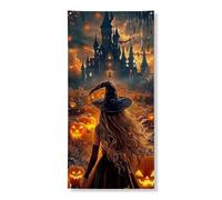 Striscione decorativo per porta strega di Halloween, motivo spettrale castello stregato zucca, decorazione per interni ed esterni, 91 x 182 cm
