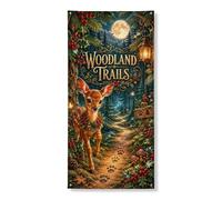 Striscione decorativo per porte con sentieri boschivi, scena rustica con cerbiatto e lanterna, decorazione per interni ed esterni, autunno inverno, vacanze, 91 x 182 cm