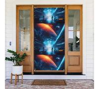 Striscione decorato per porta futuro fantascienza. Striscione stampato per porta, da appendere alla parete per feste