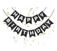 Striscione di buon compleanno con glitter neri, decorazioni di compleanno riutilizzabili nere e argento, elegante ghirlanda per feste per uomini e donne, decorazione da parete o sfondo