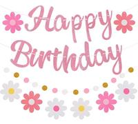 Striscione di buon compleanno con margherita rosa, ghirlanda floreale a pois, ideale per compleanni di donne e ragazze, feste a tema margherita ed eventi eleganti (rosa)