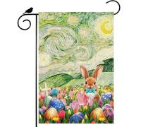Striscione Eggs Flowers Bunny Painting Starry Night Sky Moon Easter Robuste Bandiera Appendere Decorazioni Da Esterno Per Domestiche Esterni Strada 12X18 Inch