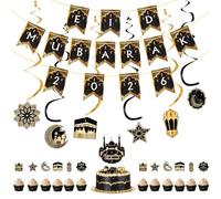 Striscione Eid Mubarak, decorazioni per la casa con decorazioni per torte Seutgjie Eid con decorazione musulmana nera oro Islam